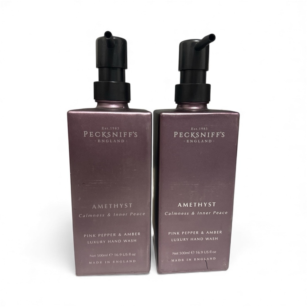 NEW 2x Pecksniffs Amethyst Pinj Pepper & Amber Glass Bottle Hand Wash 16.9 fl oz
